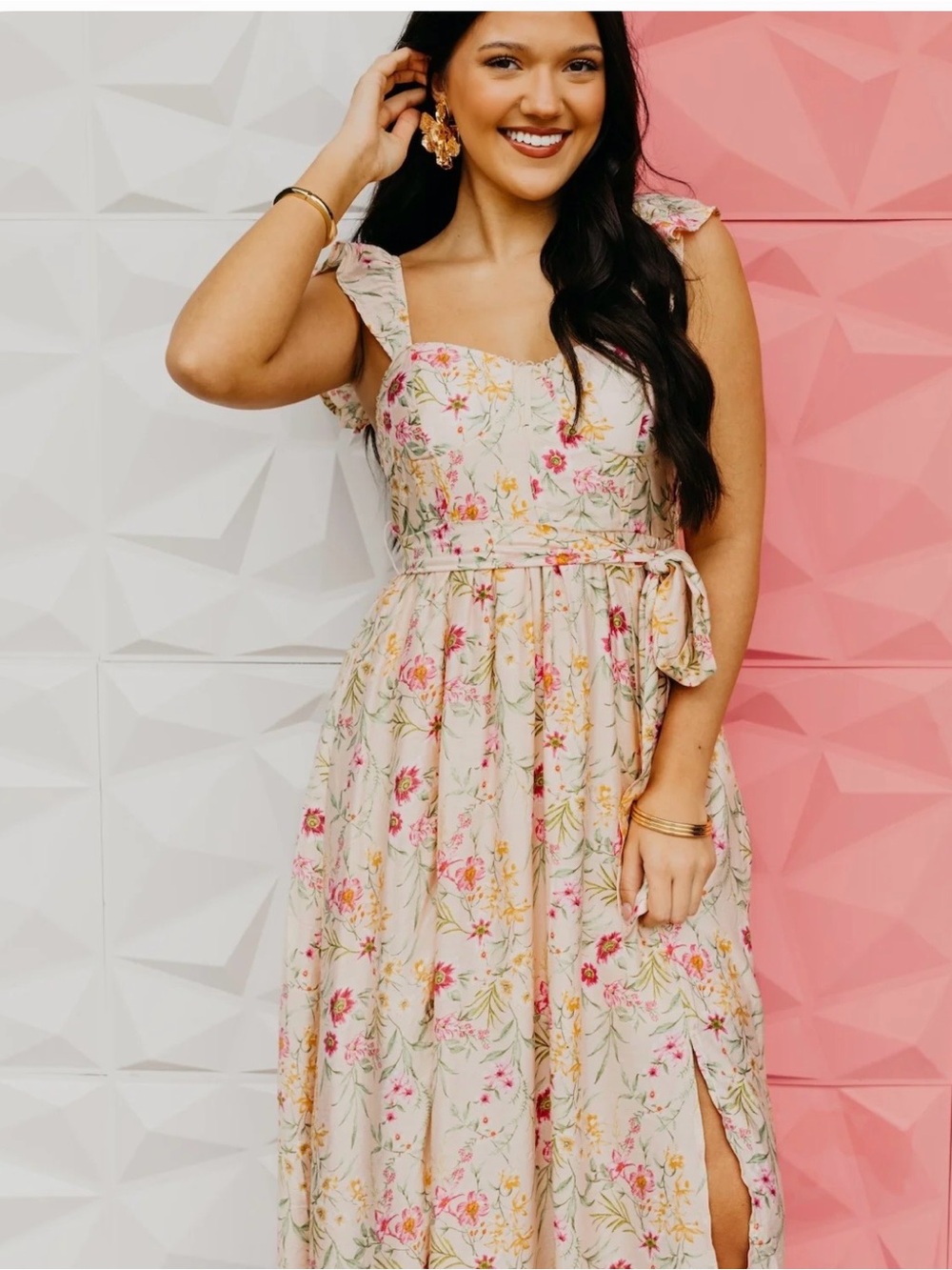 Floral Ruffle Strap Maxi Dress in Cream
